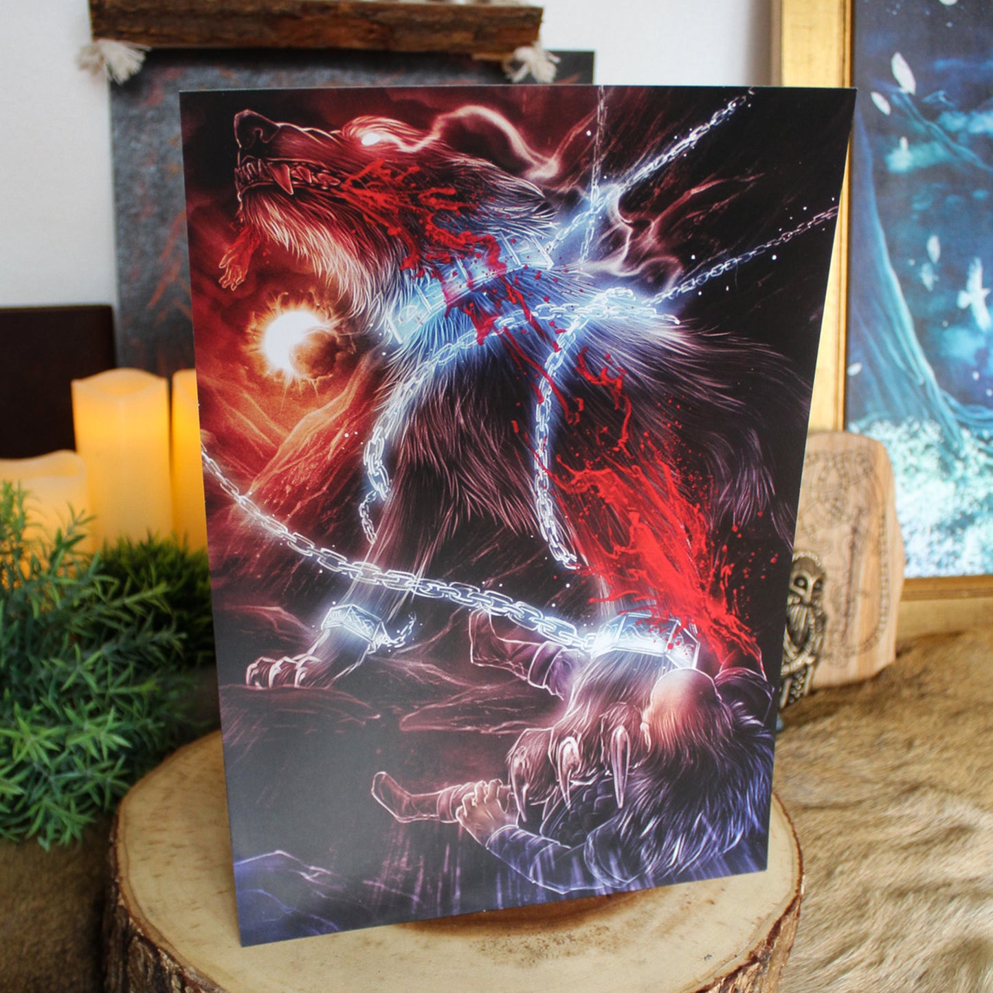 A4 print featuring Fenrir, the great wolf of prophecy, bound by the gods yet destined to break free. This artwork captures the tension between strength and restraint, the calm before Ragnarök.