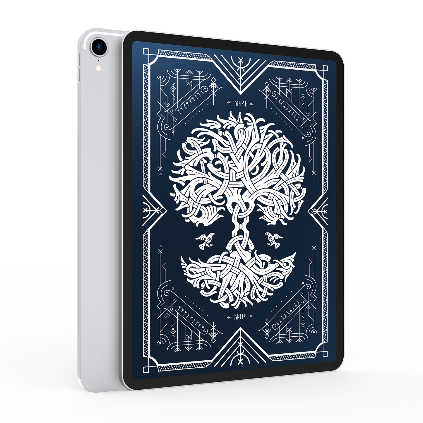 Tablet with a decorative case featuring a white tree design on a blue background