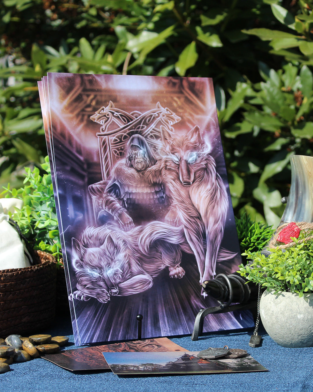 A4 art print of Geri and Freki, the loyal wolves of Odin, stand as symbols of strength, loyalty, and divine guardianship.