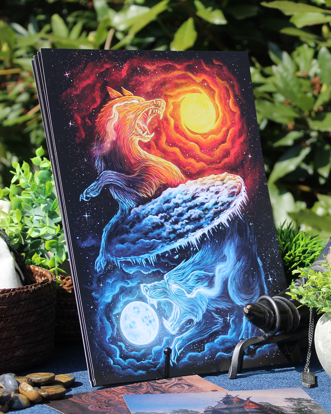 A4 art print of Sköll and Hati, the wolves who chase the sun and moon in Norse myth.