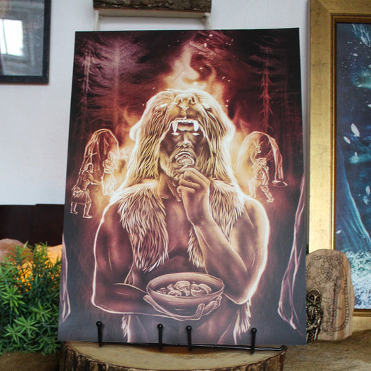 A3 art print depicting Viking Berserker ritual eating mushrooms before battle.