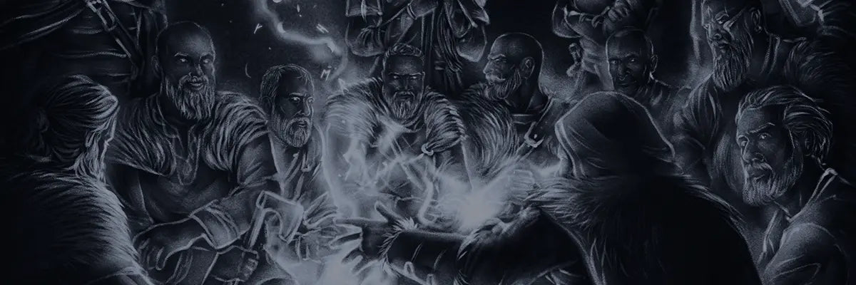 A Banner image showing Odinn telling the tales of Norse Mythology, alongside his wisdom, to a group of Vikings around a campfire