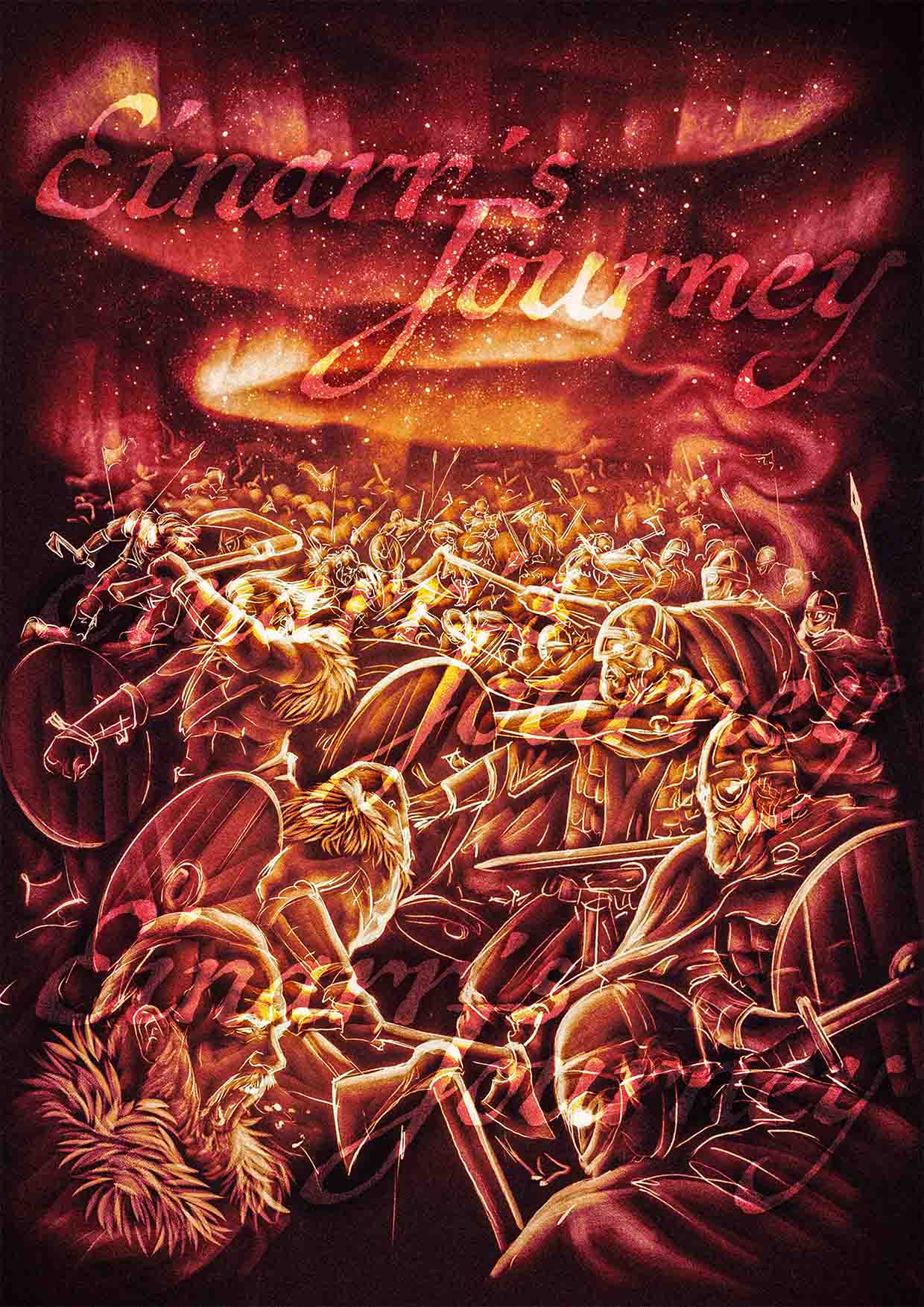 Norse mythology A4 art print of the Einherjar fighting Jotunheim’s giants in a fiery Ragnarök battle scene