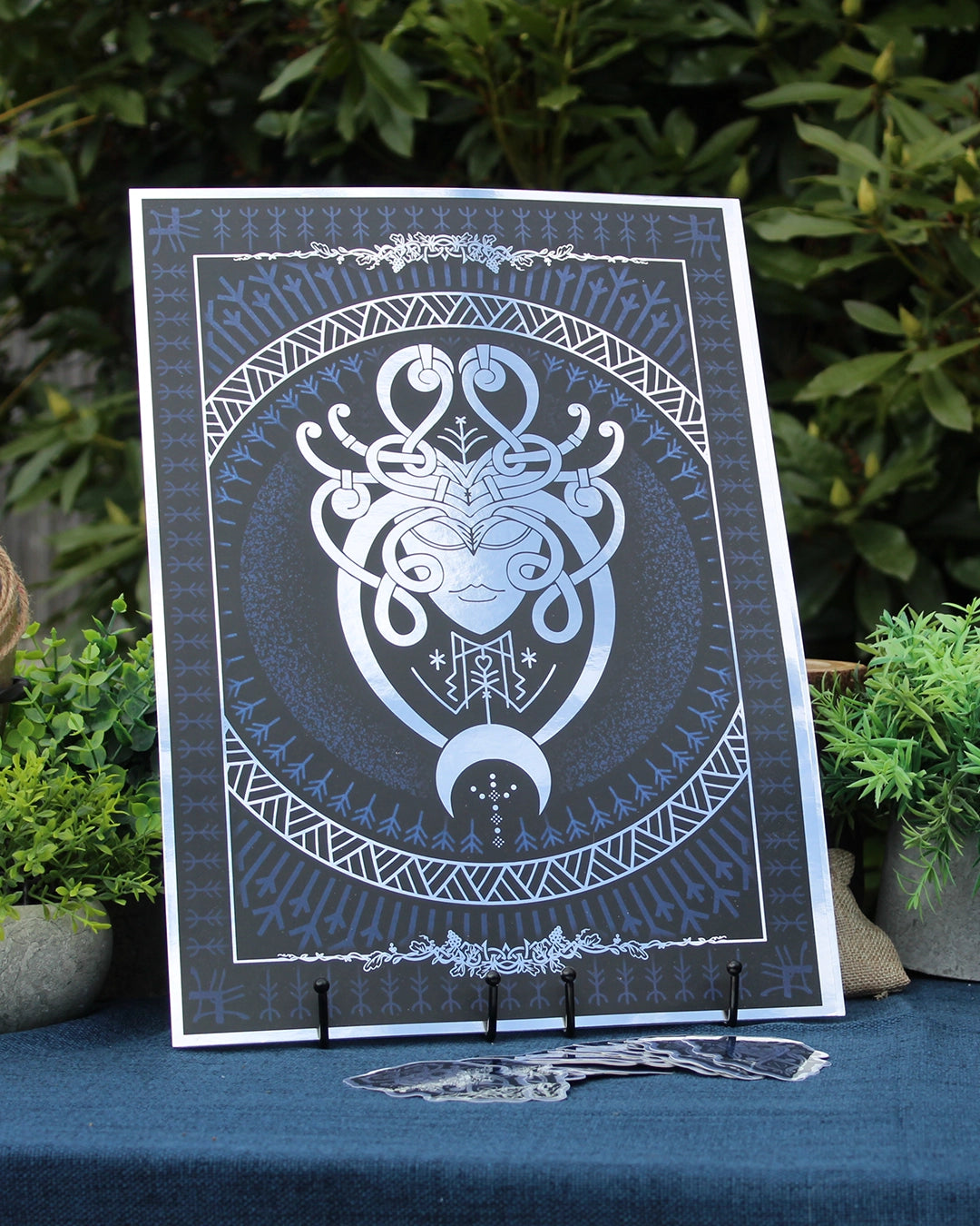 Silver foil A3 art print of Eir, Norse goddess of healing and mercy, with Viking ornamentation and runic detail.