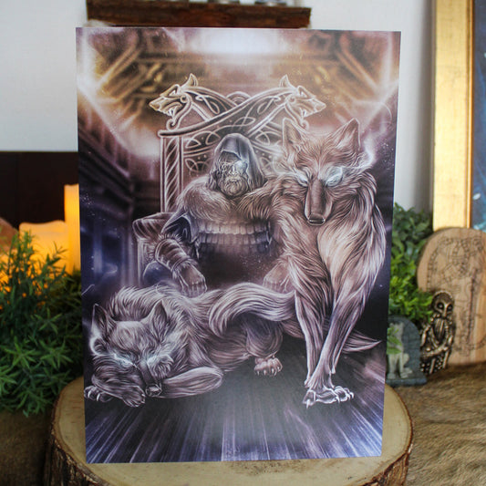 A4 art print of Geri and Freki, the loyal wolves of Odin, stand as symbols of strength, loyalty, and divine guardianship.