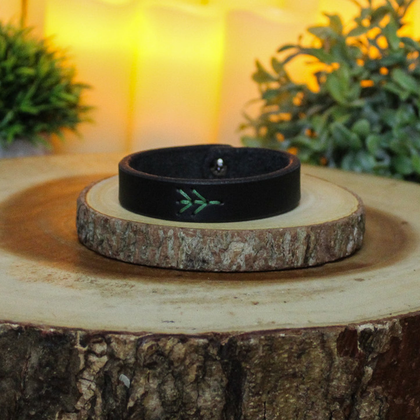 Algiz Leather Rune Bracelet Black & Green