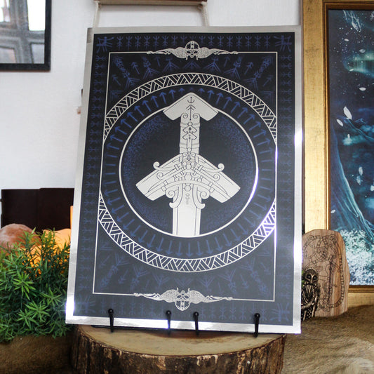 Silver foil A3 print of Norse god Tyr with Viking ornamentation and runic detail.