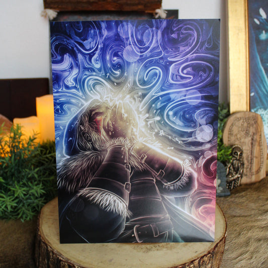 A4 print of Odin sacrificing his eye for wisdom. Depicting the moment Odin sacrifices his eye to drink from Mimir’s Well - a powerful symbol of wisdom gained through sacrifice.