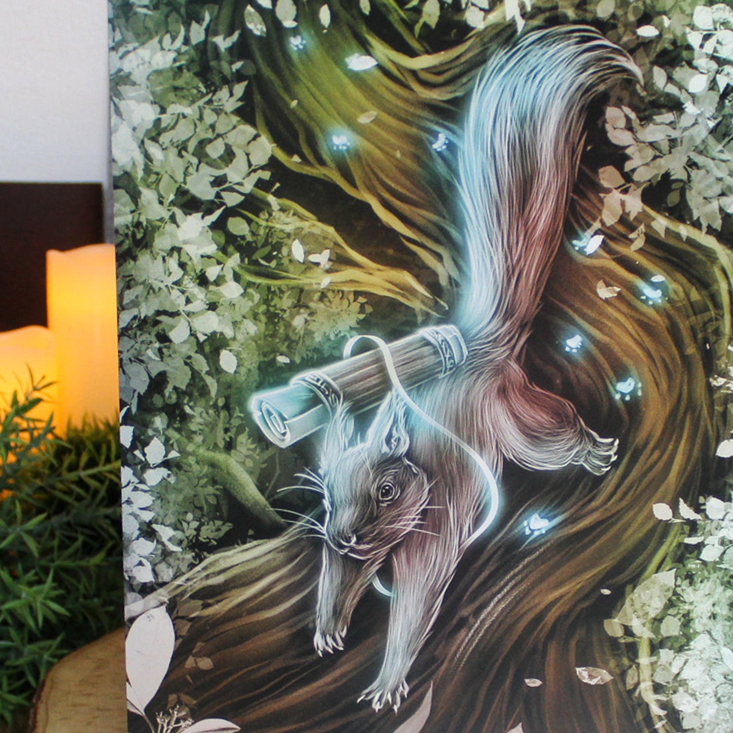 A4 print featuring Ratatoskr, the mischievous squirrel who scurries up and down Yggdrasil, carrying messages between the eagle above and serpent Níðhöggr below.