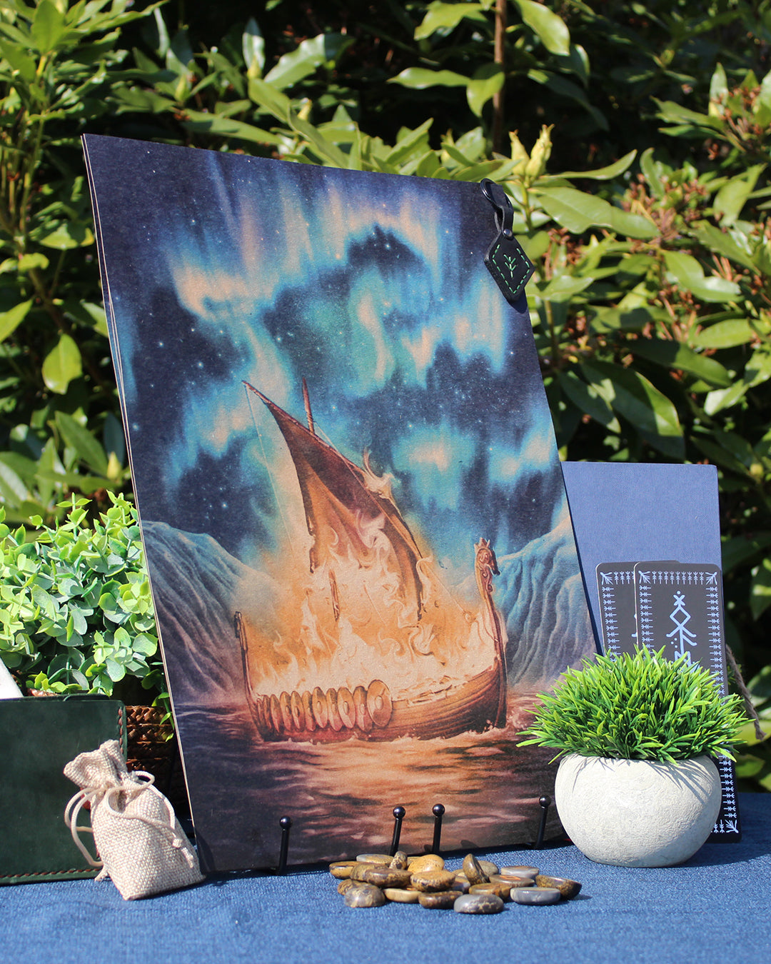 A3 art print of Viking funeral with burning ship on the water inspired by Norse myth, printed on recycled brown paper for a rustic finish.