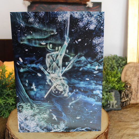 A4 print depicting Odin's ultimate act of sacrifice - hanging himself from the cosmic tree Yggdrasil for nine days and nine nights, wounded by his own spear Gungnir, to gain knowledge of the runes.