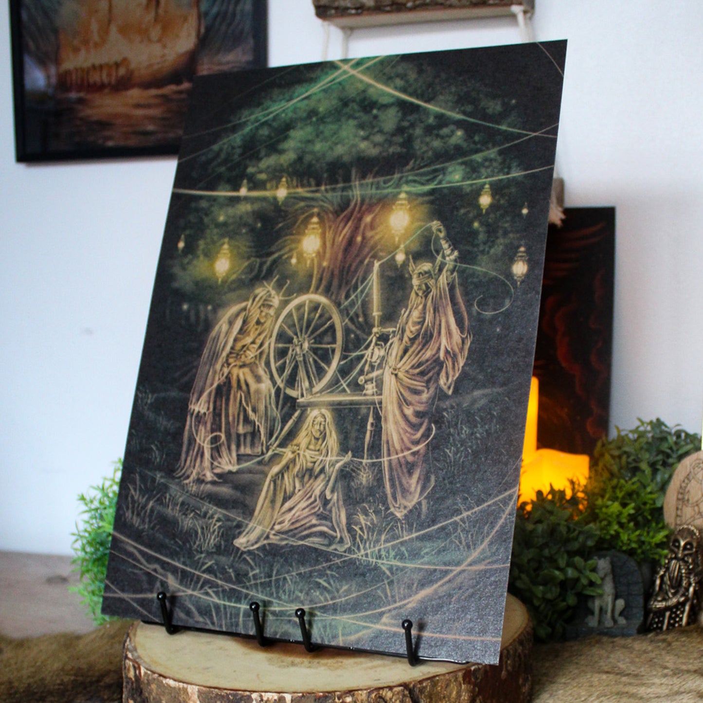 A3 art print depicting the Norns weaving the threads of fate in Norse mythology, printed on recycled brown paper for a rustic finish.