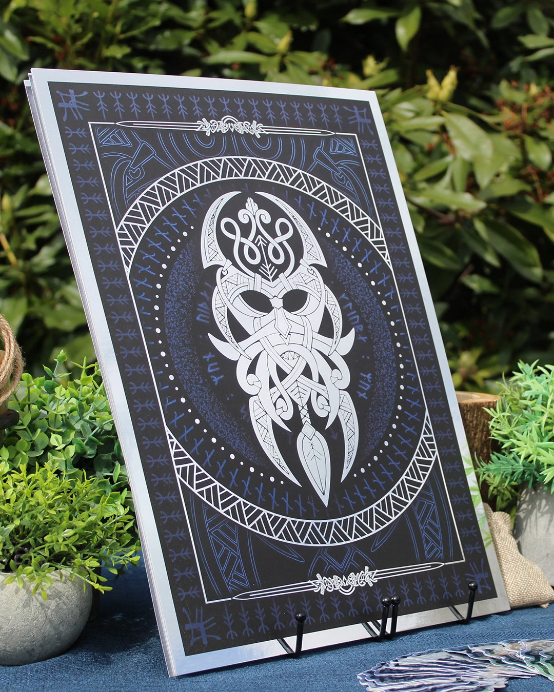 Silver foil A3 art print of Vidarr, Norse god of vengeance, with Viking ornamentation and runic detail.