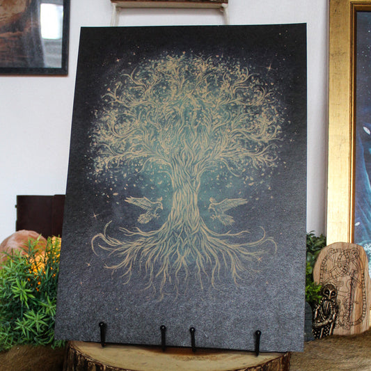 A3 art print of Yggdrasill, the Norse world tree linking the nine realms, printed on recycled brown paper for a rustic finish.