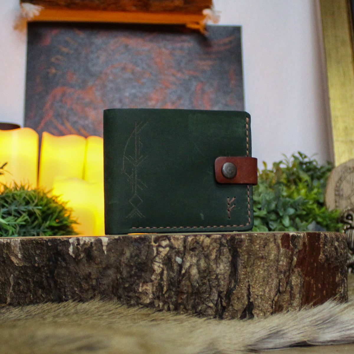 Handmade Runic Leather Wallet - Forest Green