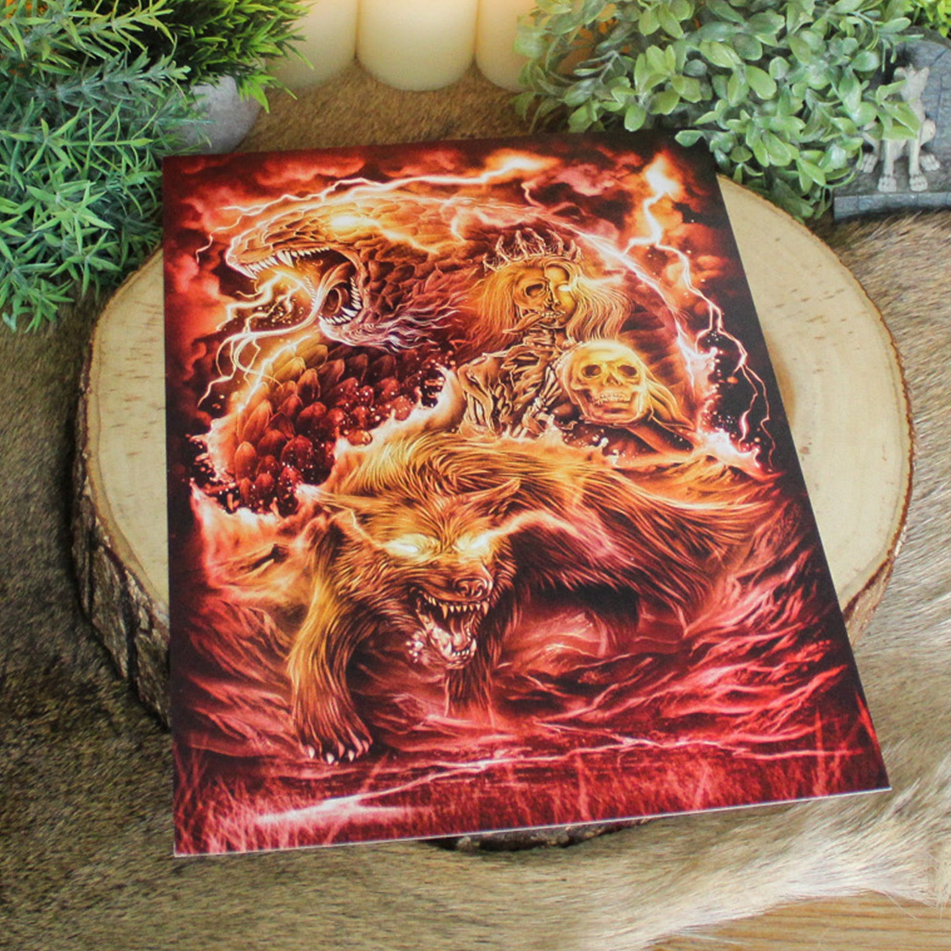 A4 print of Loki’s monstrous children from Norse mythology - Hel, Fenrir, and Jörmungandr.