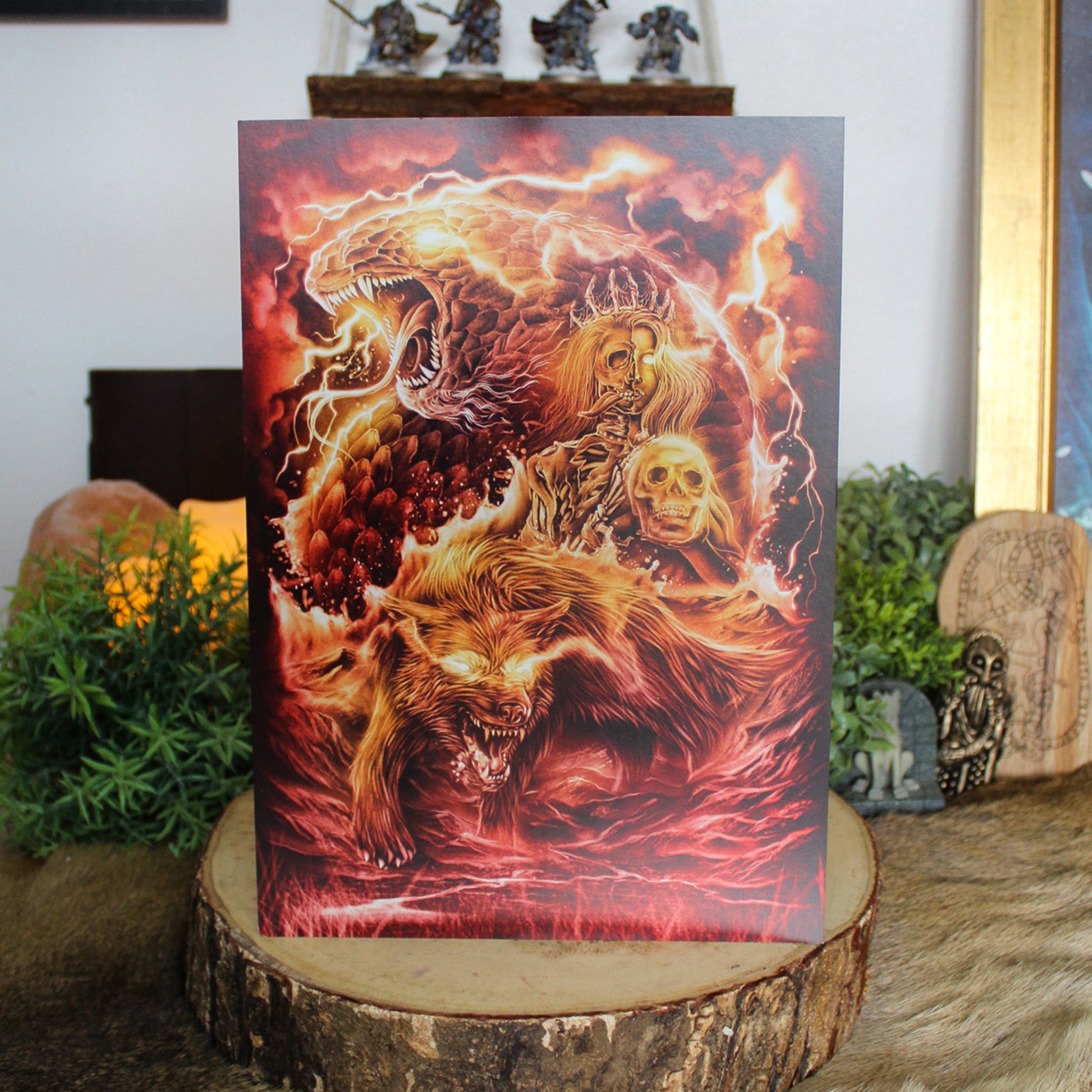 A4 print of Loki’s monstrous children from Norse mythology - Hel, Fenrir, and Jörmungandr.