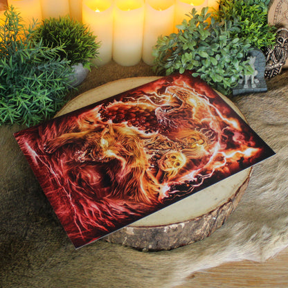 A4 print of Loki’s monstrous children from Norse mythology - Hel, Fenrir, and Jörmungandr.