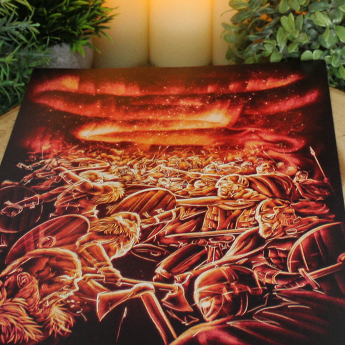 A4 print featuring the Einherjar, the fallen warriors chosen by Valkyries, train and feast in Valhalla until the final battle of Ragnarök.