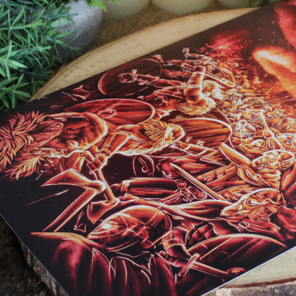 A4 print featuring the Einherjar, the fallen warriors chosen by Valkyries, train and feast in Valhalla until the final battle of Ragnarök.