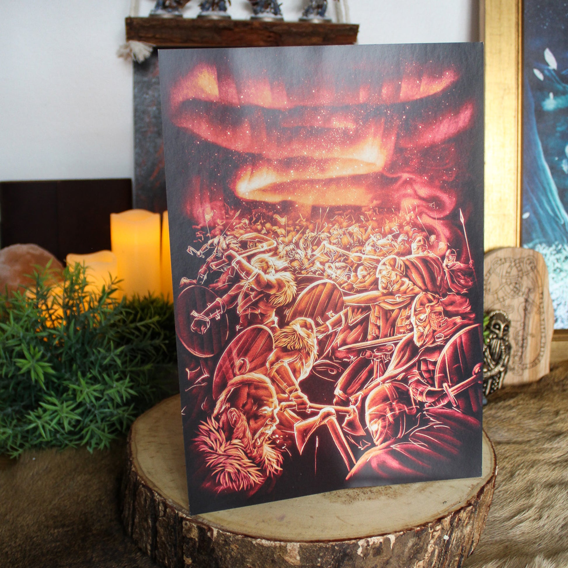 A4 print featuring the Einherjar, the fallen warriors chosen by Valkyries, train and feast in Valhalla until the final battle of Ragnarök.