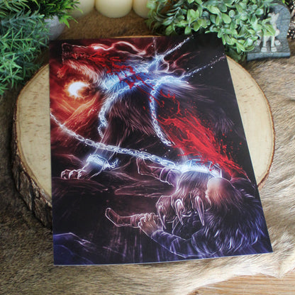 A4 print featuring Fenrir, the great wolf of prophecy, bound by the gods yet destined to break free. This artwork captures the tension between strength and restraint, the calm before Ragnarök.