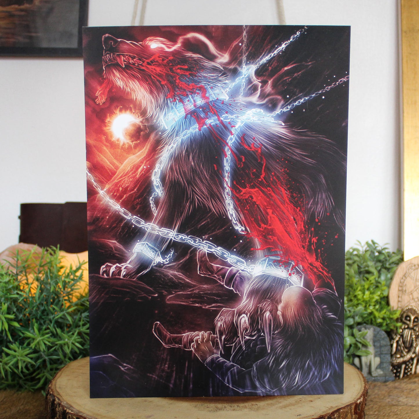 A4 print featuring Fenrir, the great wolf of prophecy, bound by the gods yet destined to break free. This artwork captures the tension between strength and restraint, the calm before Ragnarök.