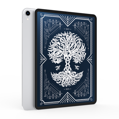 Tablet with a decorative case featuring a white tree design on a blue background