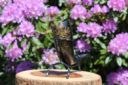 Drinking horns with handcrafted stand and unique design, polished natural horn for feasts and mead.