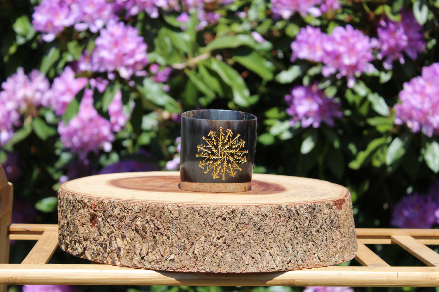 Handcrafted Viking horn shot glasses with natural polished finish, Norse drinkware for mead and whiskey.