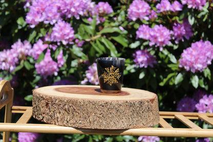 Handcrafted Viking horn shot glasses with natural polished finish, Norse drinkware for mead and whiskey.