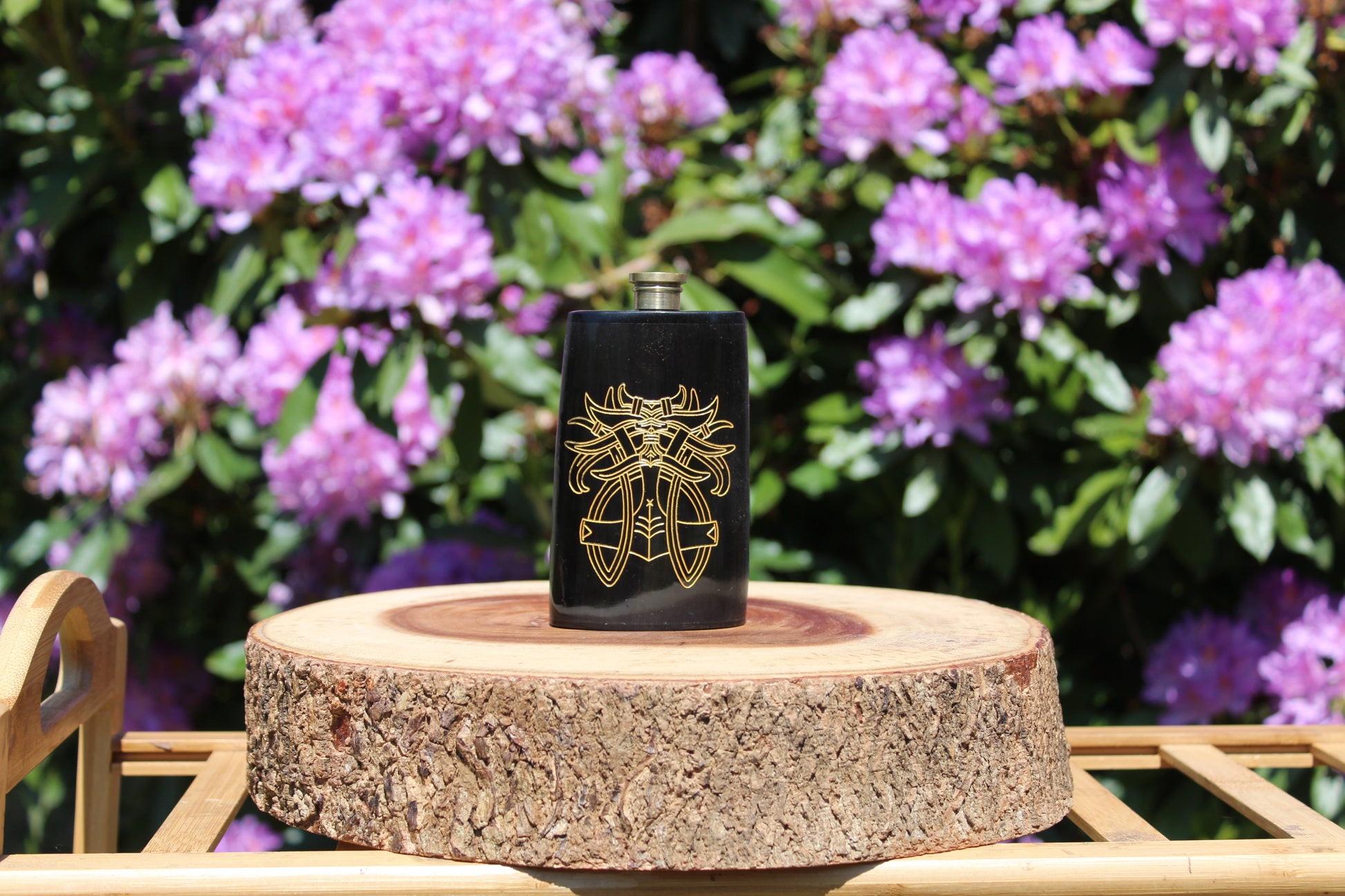 Handcrafted horn hip flask, polished and sealed, unique travel drinkware, polished natural horn for feasts and mead.