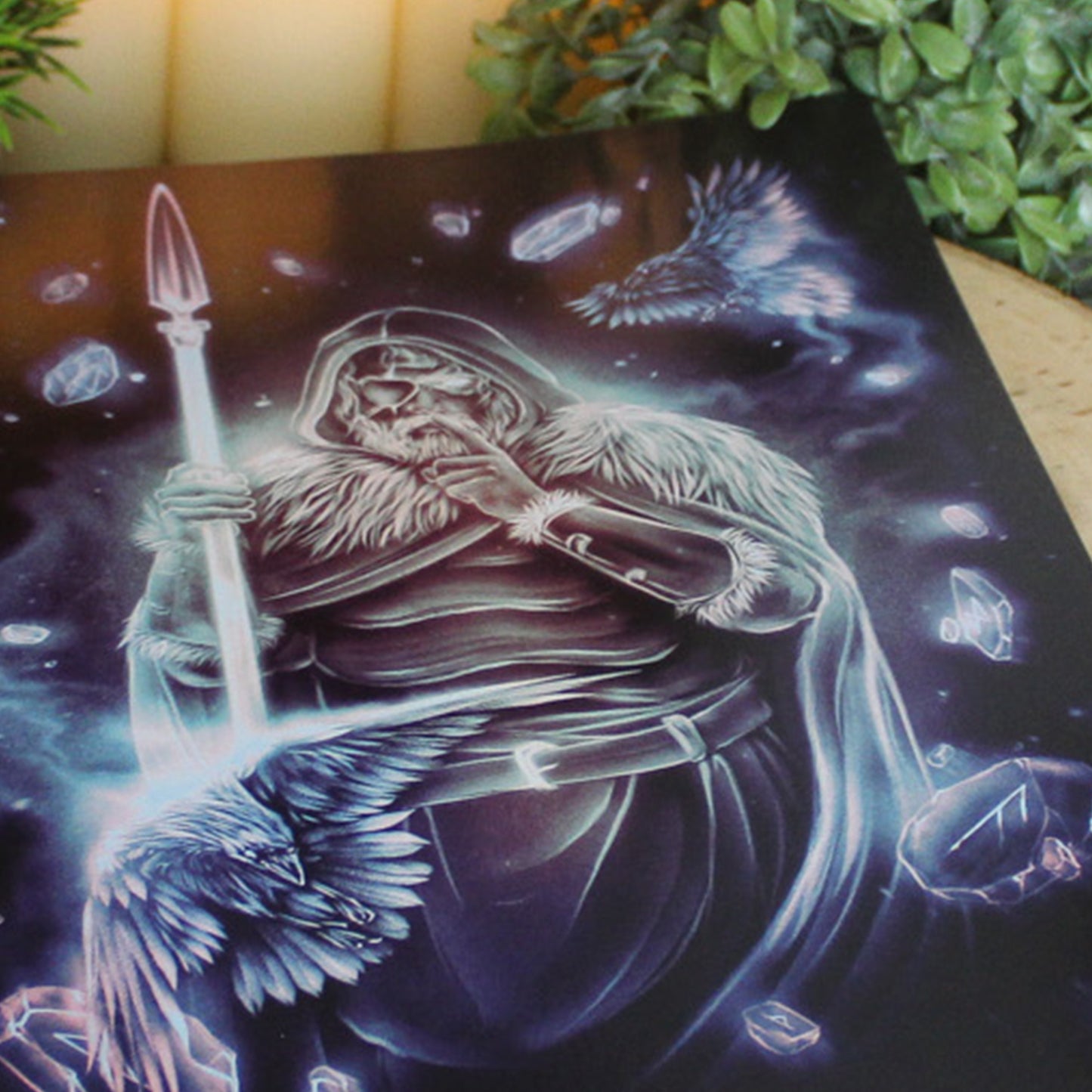 A4 art print of Odin with one eye, with spear and his ravens.