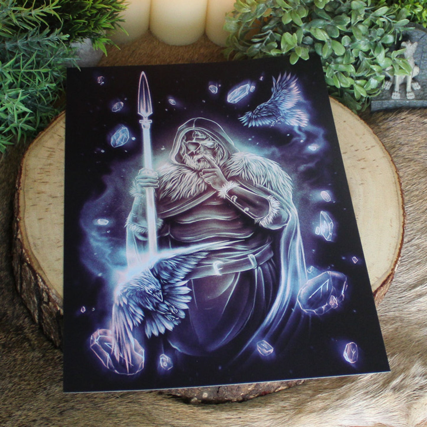A4 art print of Odin with one eye, with spear and his ravens.