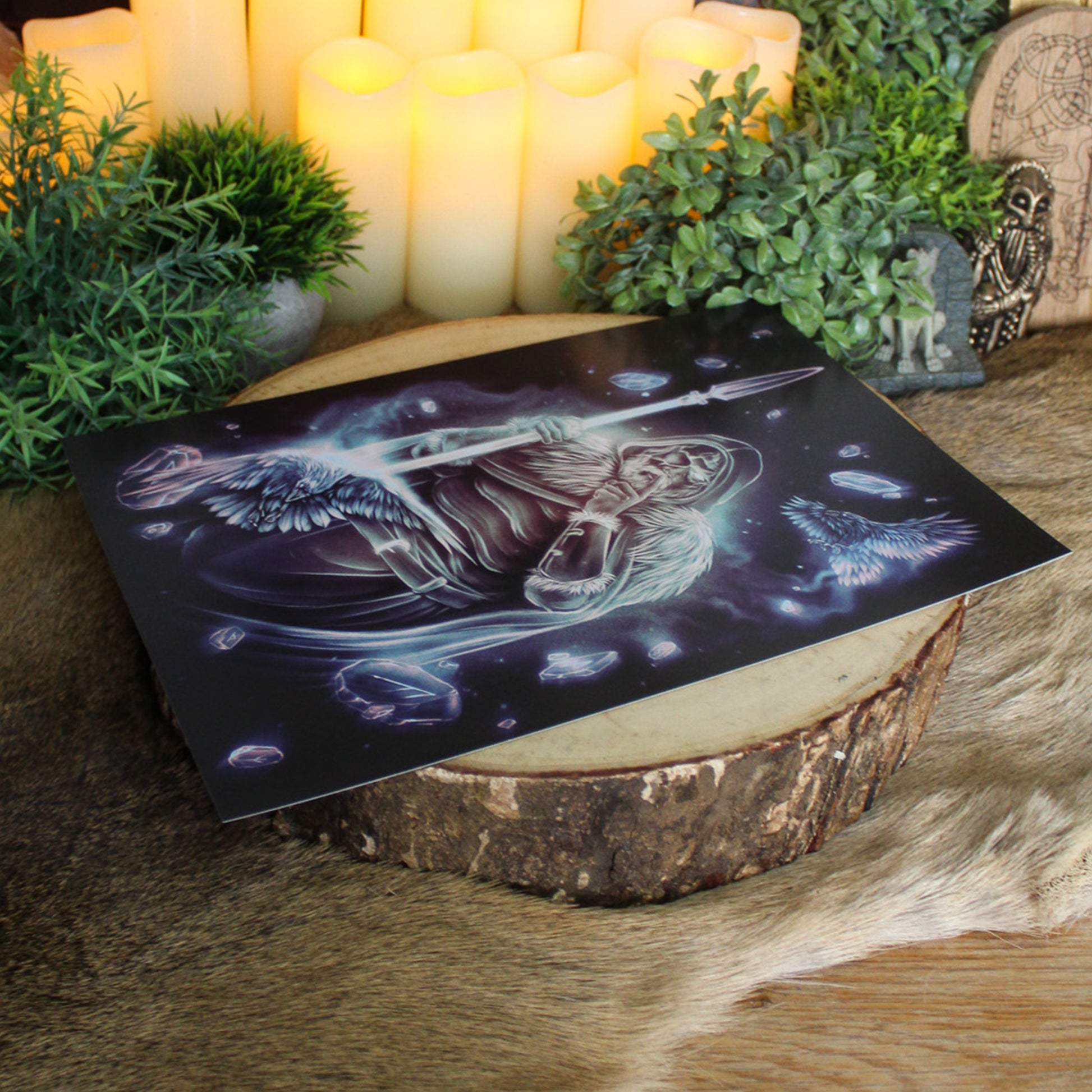 A4 art print of Odin with one eye, with spear and his ravens.