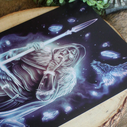 A4 art print of Odin with one eye, with spear and his ravens.