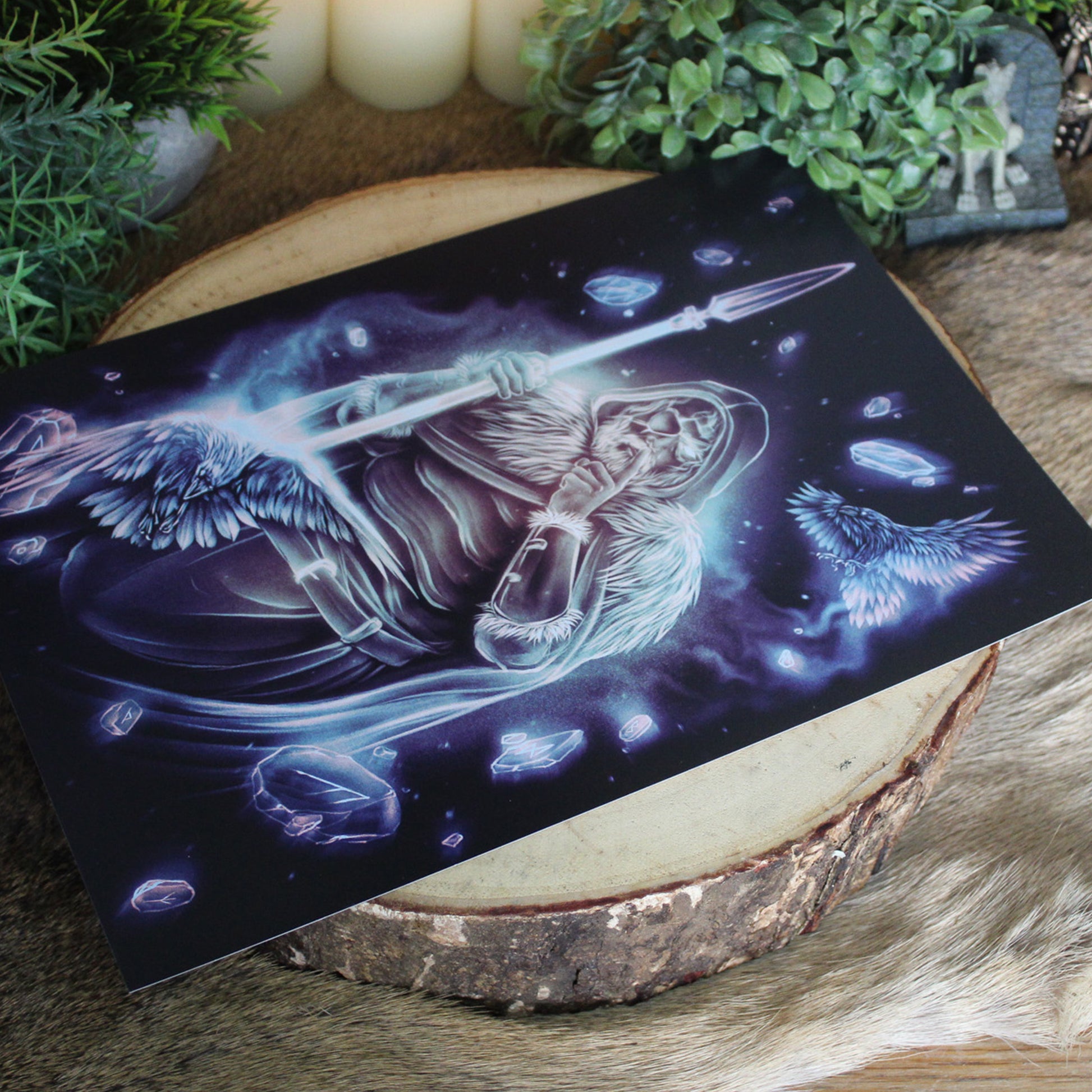 A4 art print of Odin with one eye, with spear and his ravens.