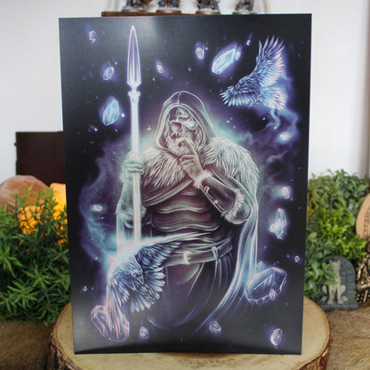 A4 art print of Odin with one eye, with spear and his ravens.
