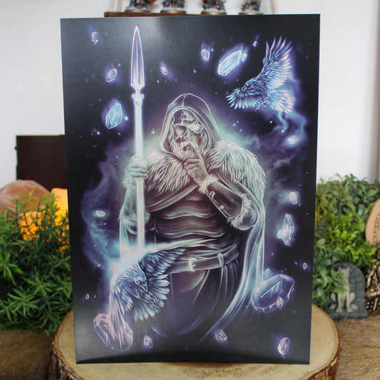 A4 art print of Odin with one eye, with spear and his ravens.