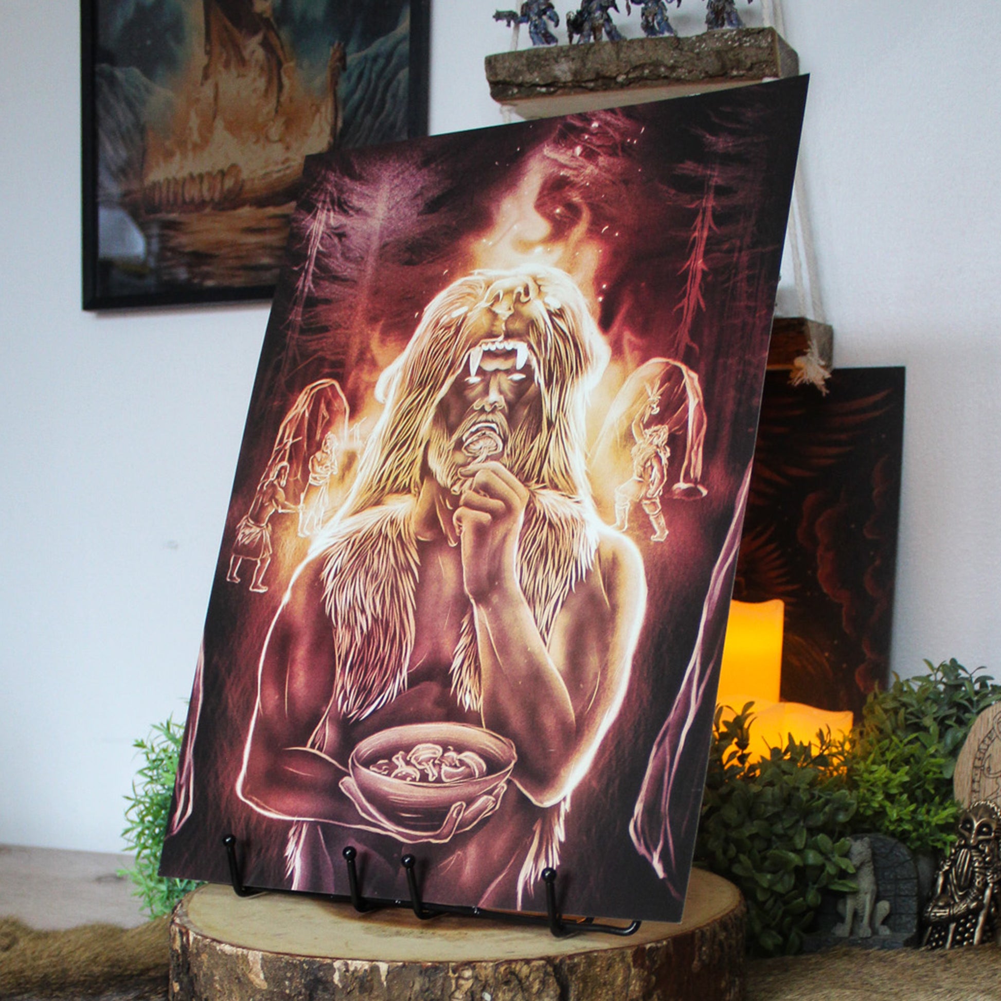 A3 art print depicting Viking Berserker ritual eating mushrooms before battle.