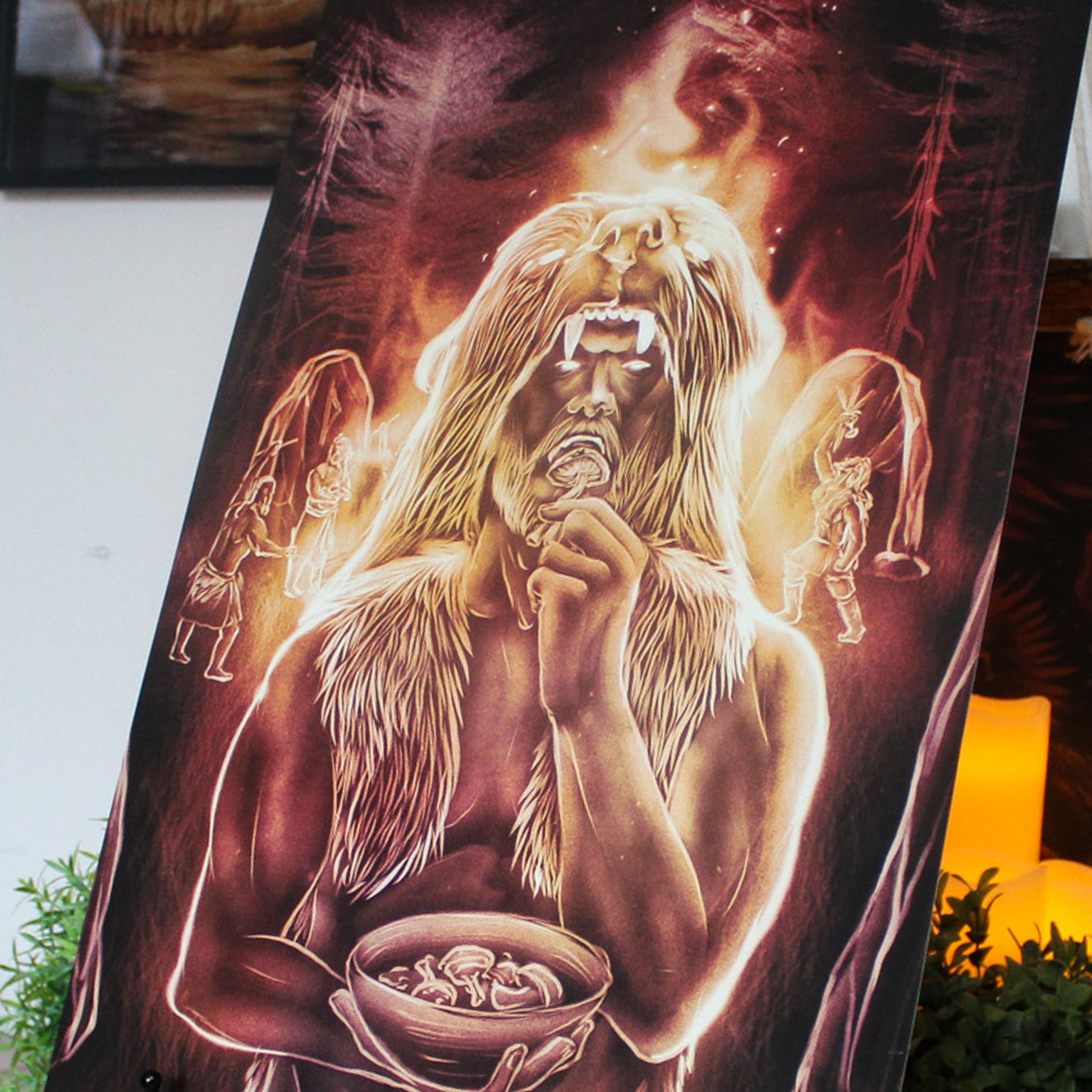 A3 art print depicting Viking Berserker ritual eating mushrooms before battle.