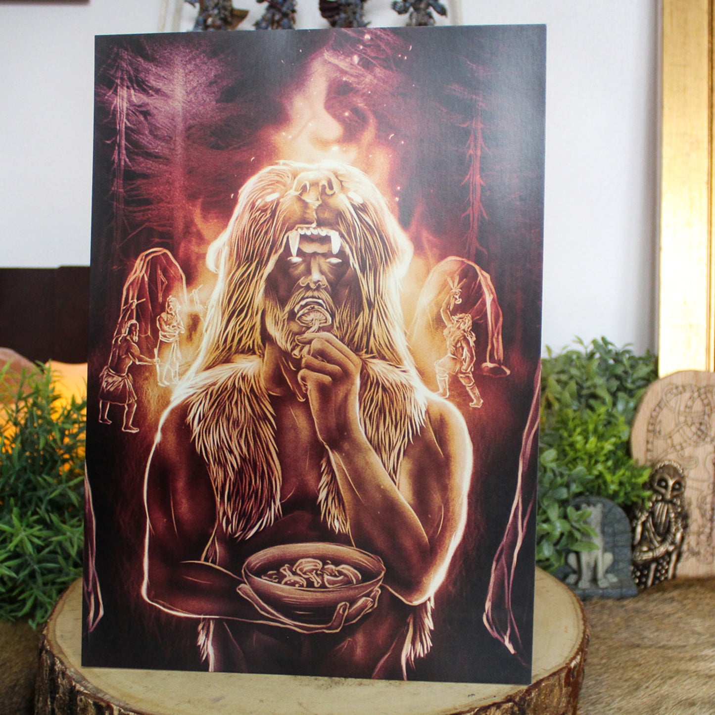 A4 art print depicting Viking Berserker ritual eating mushrooms before battle.