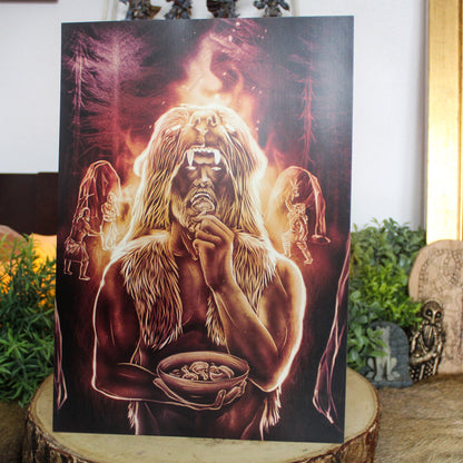 A4 art print depicting Viking Berserker ritual eating mushrooms before battle.