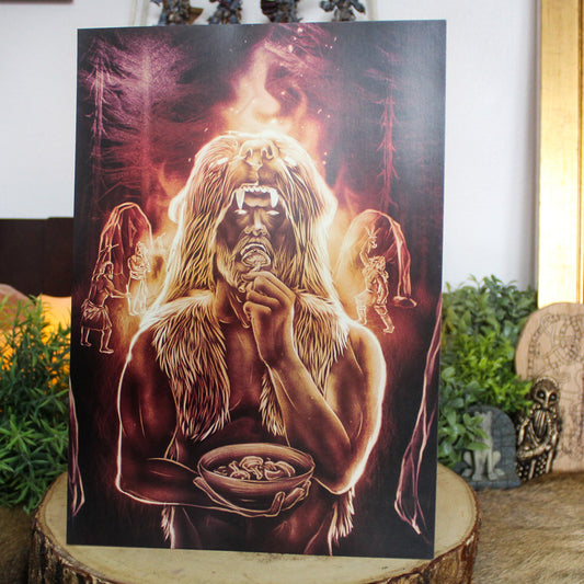 A4 art print depicting Viking Berserker ritual eating mushrooms before battle.