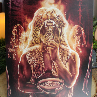 A4 art print depicting Viking Berserker ritual eating mushrooms before battle.