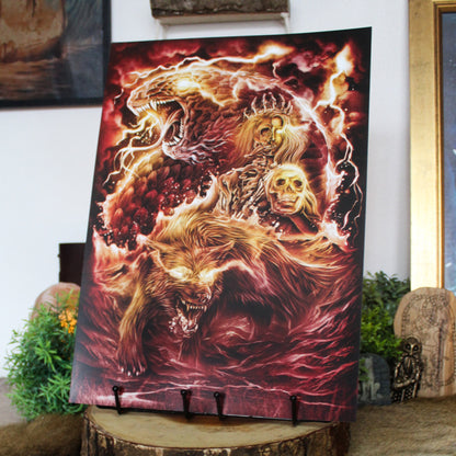 A3 art print of Loki’s children: Fenrir, Jörmungandr, and Hel from Norse myth.