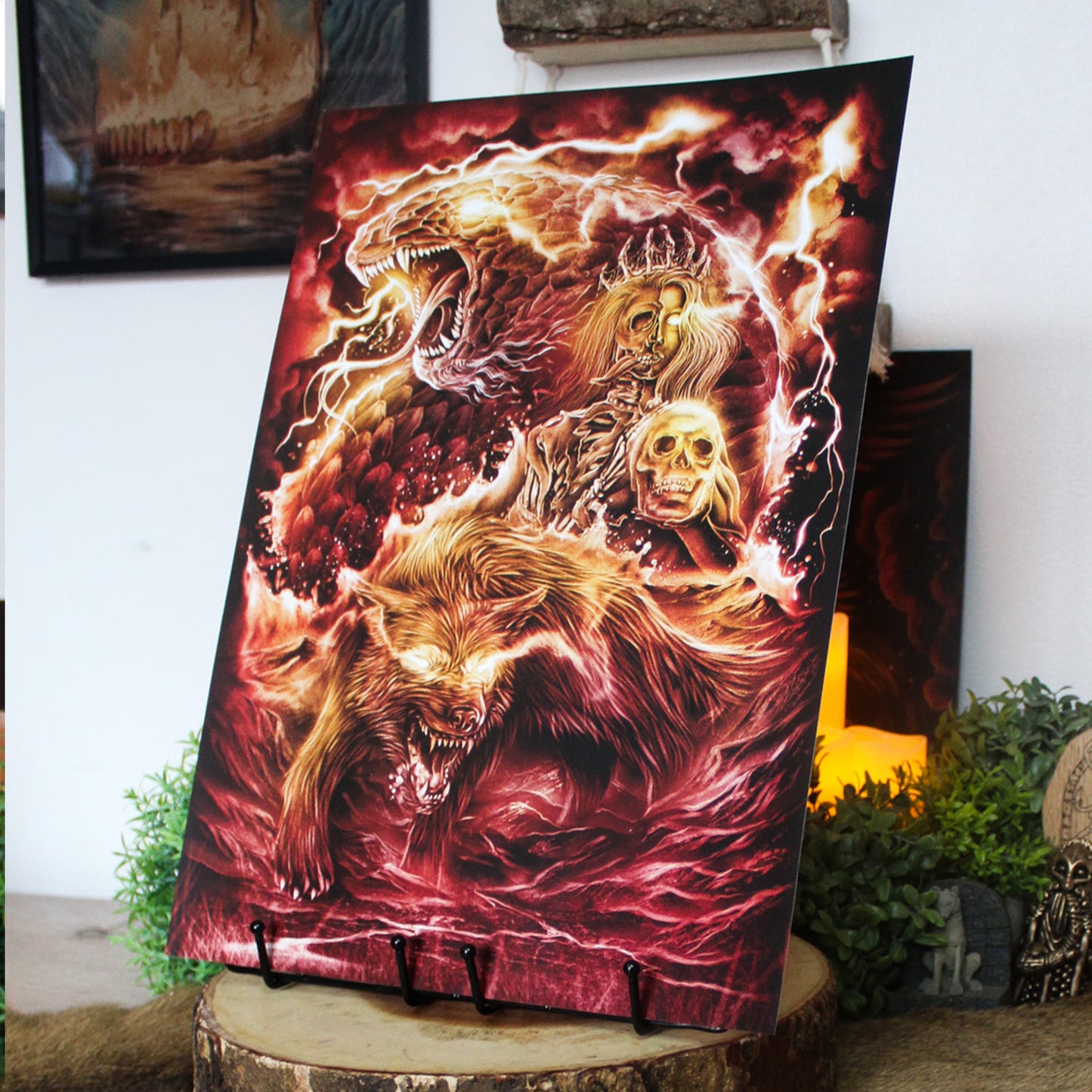 A3 art print of Loki’s children: Fenrir, Jörmungandr, and Hel from Norse myth.