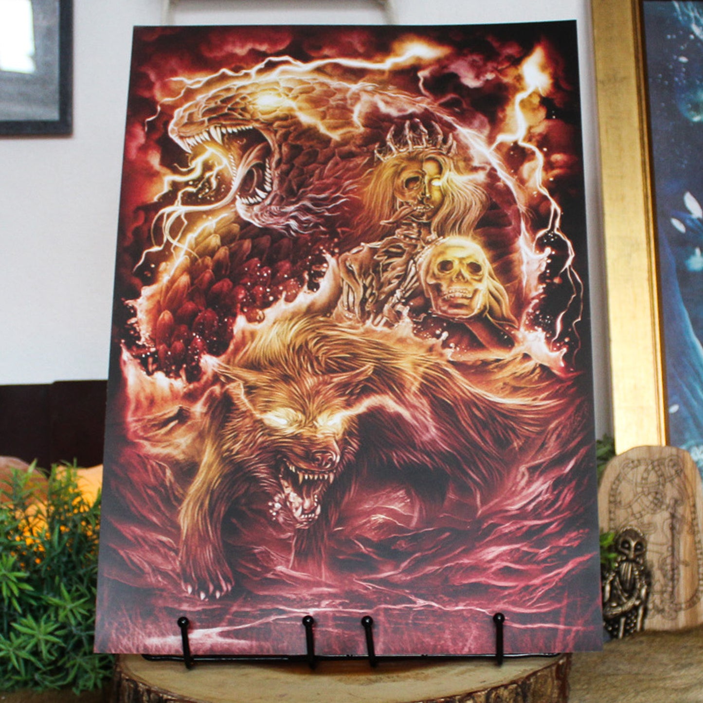 A3 art print of Loki’s children: Fenrir, Jörmungandr, and Hel from Norse myth.