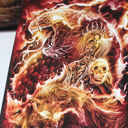 A3 art print of Loki’s children: Fenrir, Jörmungandr, and Hel from Norse myth.