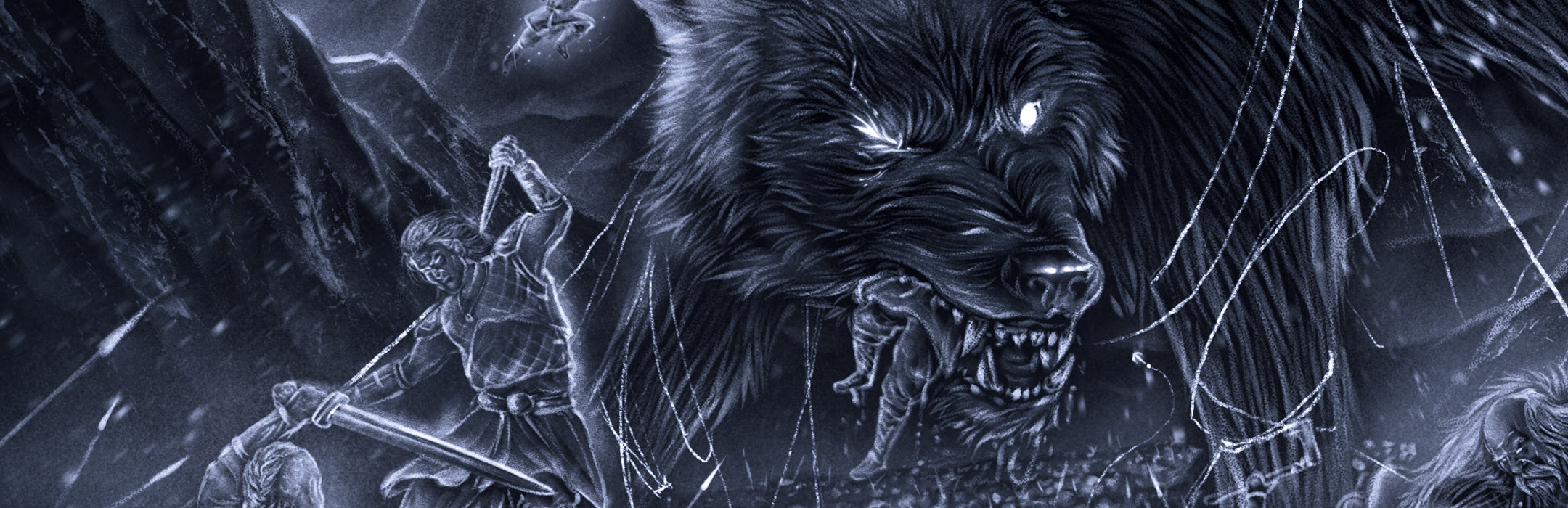 Epic illustration of Fenrir devouring Odin during Ragnarok, representing the Norse Mythology Encyclopedia, a section dedicated to cataloging all characters, creatures, and stories in Norse myths.